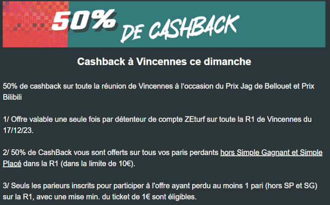Cashback Zeturf à Vincennes sur vos paris perdants le 17.12