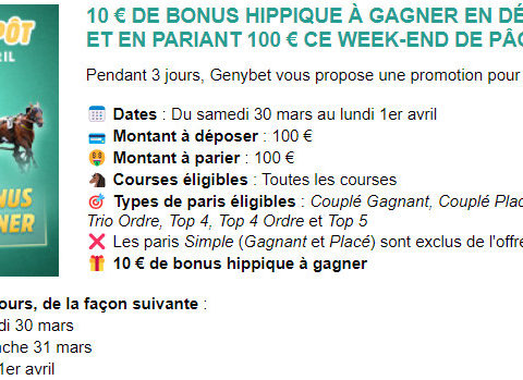 Un bonus de 10 euros sur vos dépôts chez Genybet pour Paques 2024