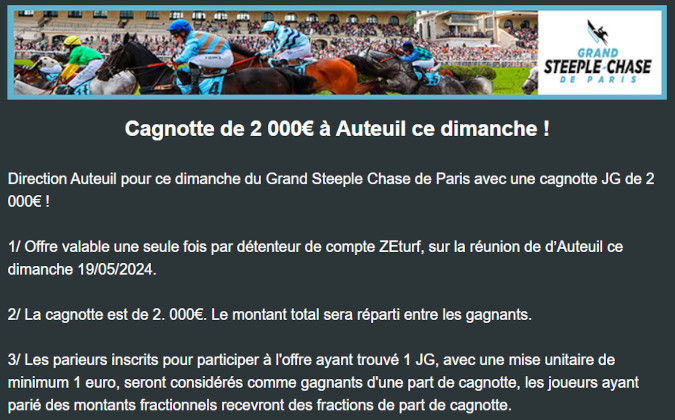 Cagnotte Zeturf 2000 euros à Longchamp le 19 mai 2024