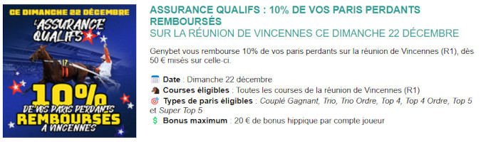 Assurance Genybet du 22 décembre 2024: 10% de vos paris perdants remboursés