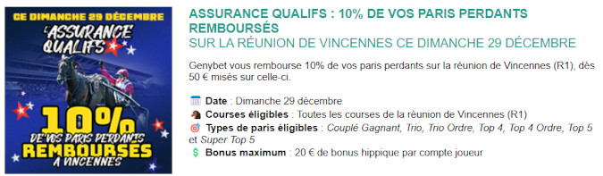 Assurance Genybet du 29 décembre 2024: 10% de vos paris perdants remboursés