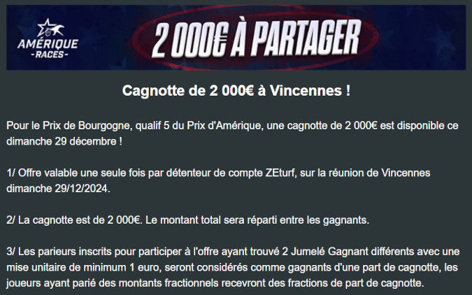 Cagnotte Zeturf 2000 euros à Vincennes le 29 décembre 2024